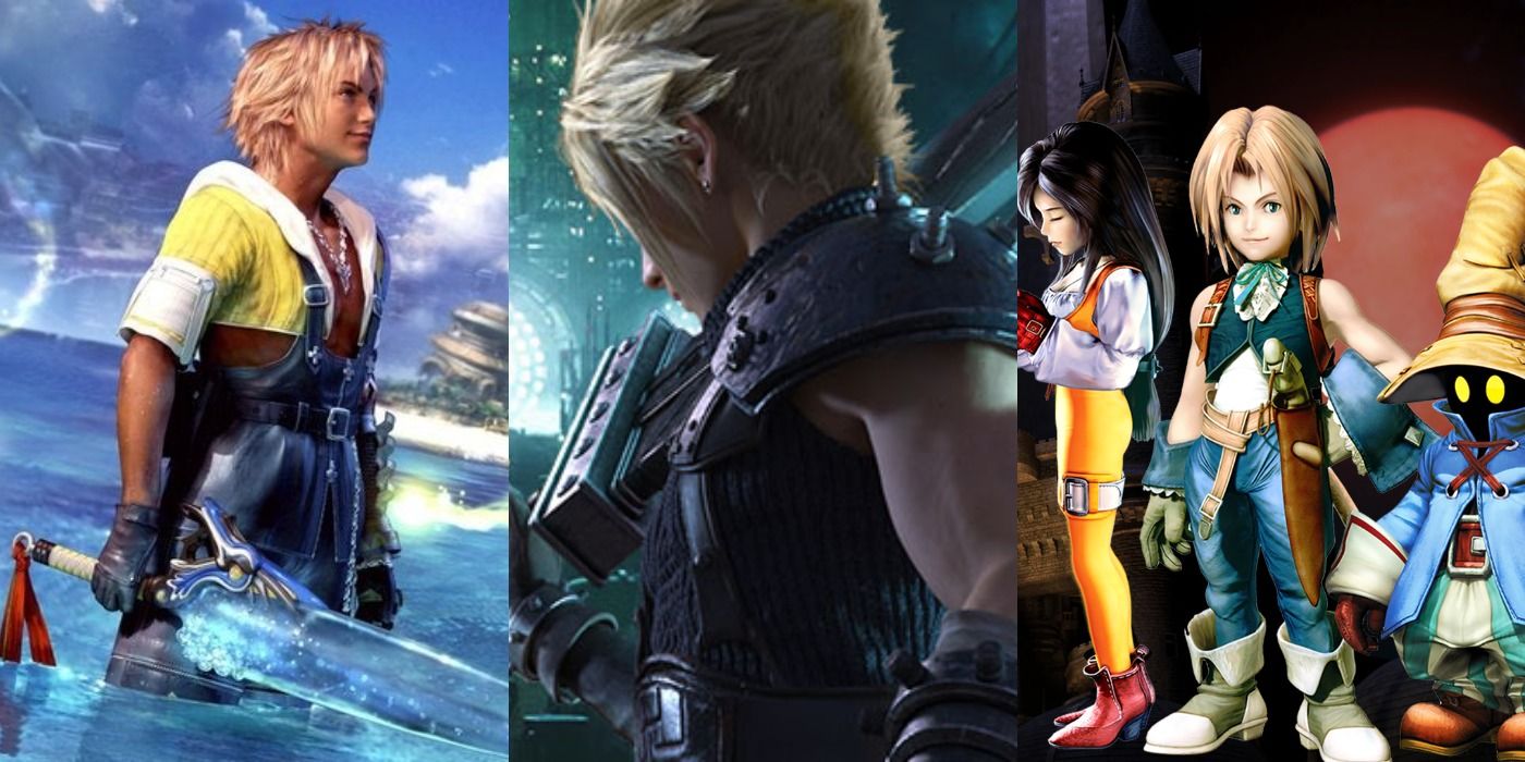 Split image of characters from Final Fantasy X, VIIR, and IX