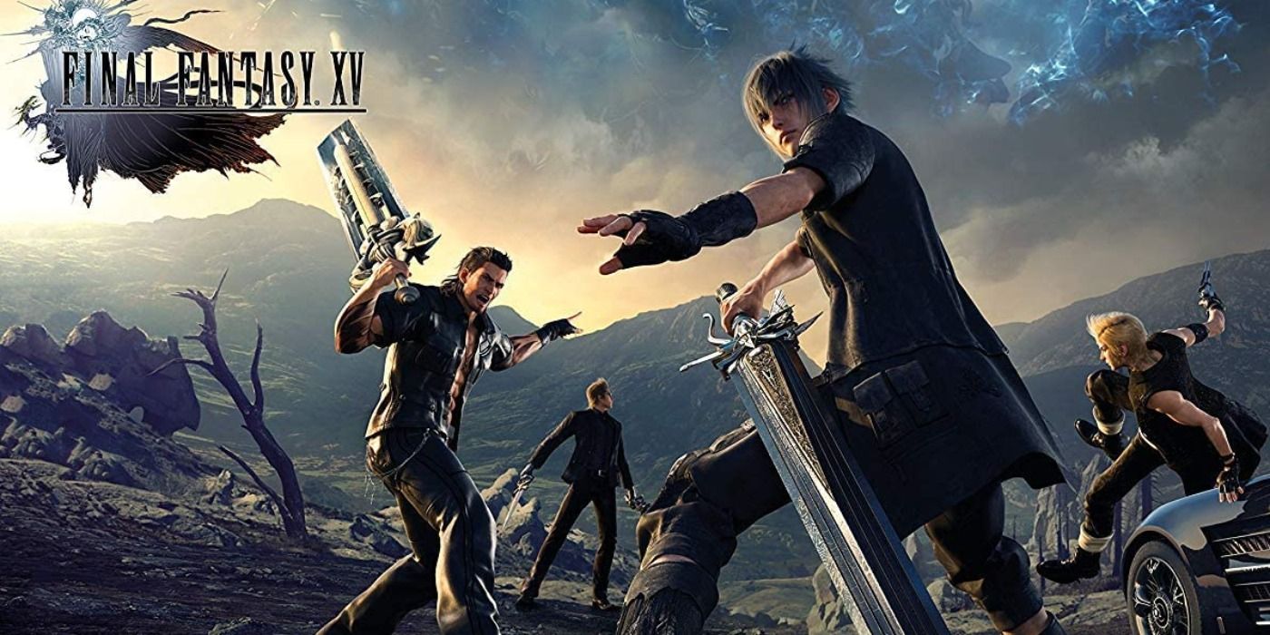 Final Fantasy XV promo art with Gladio, Ignis, Noctis, and Prompto with their weapons drawn