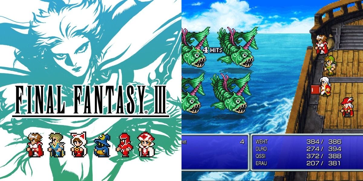 Split image of the Final Fantasy III key art and the cast of characters in turn-based combat