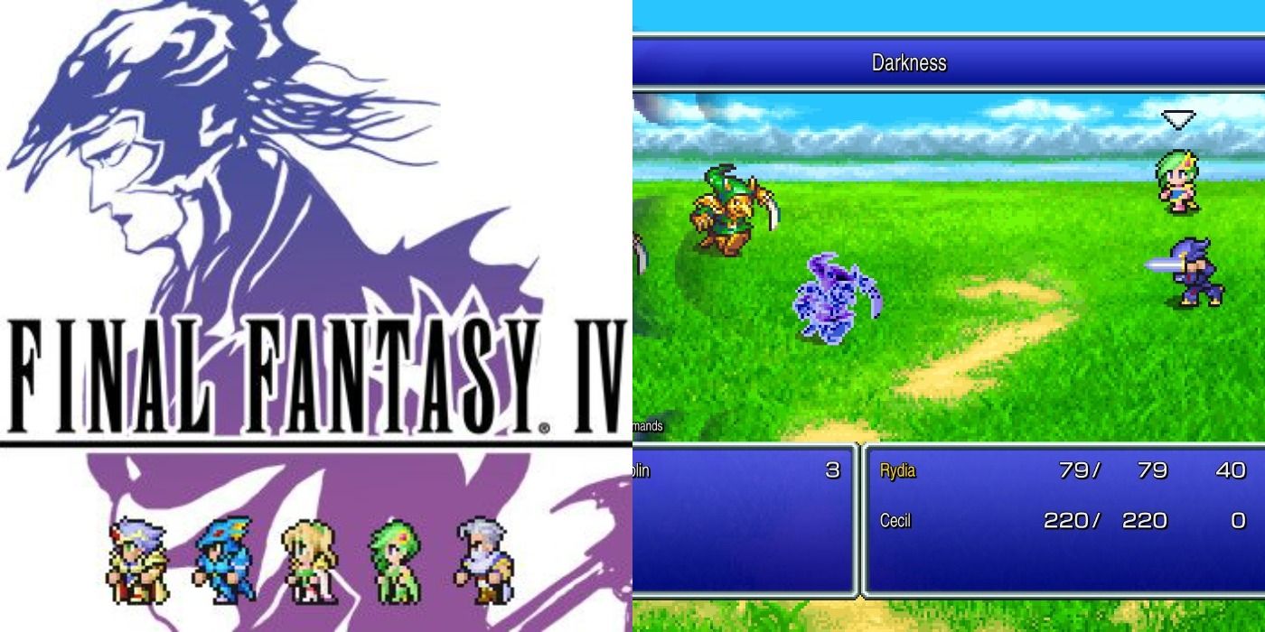 Split image of FFIV key art with pixel art of the main cast, and still of the turn-based combat