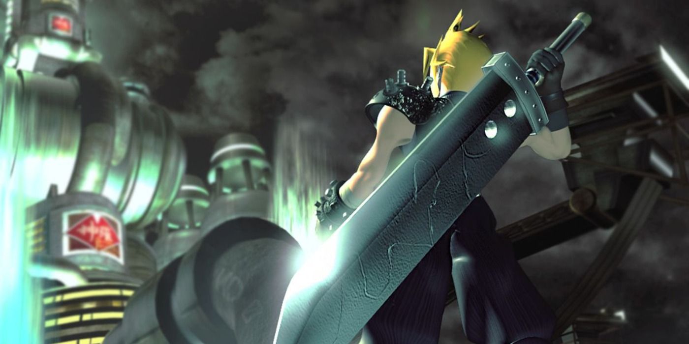 Cover art for the original Final Fantasy VII with Cloud looking up to Shinra's Mako Reactor