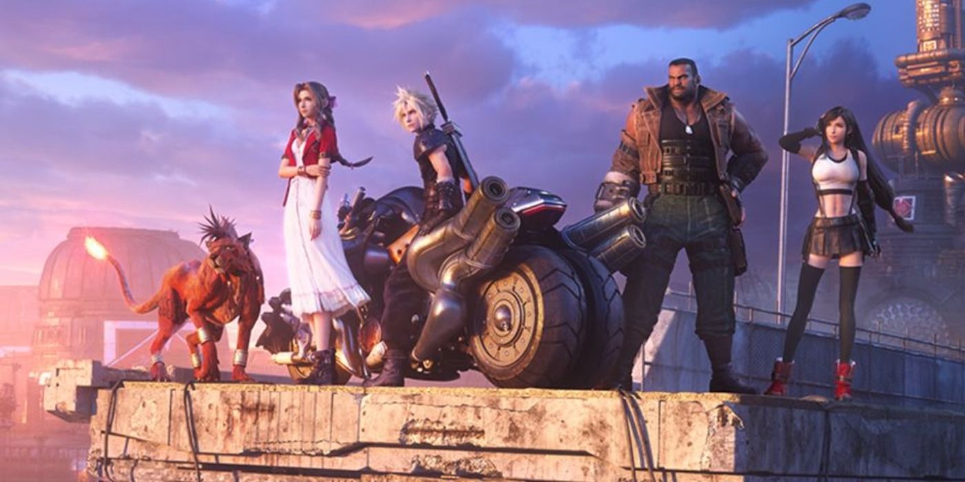 Red XIII, Aerith, Cloud, Barrett e Tifa no final de Final Fantasy VIIR e derrotando Sephiroth