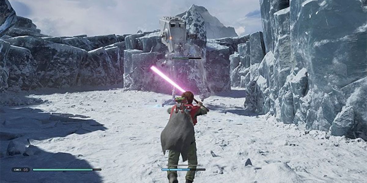 Cal guarding against an AT-ST on the snow planet Ilum in Jedi: Fallen Order