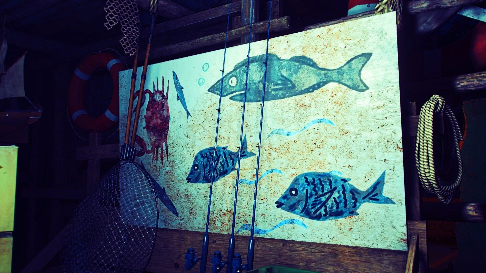 A painting of fish featured on a Far Cry 6 Fishing Hut