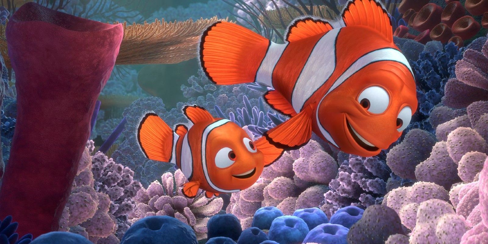Finding Nemo scene of two fish swimming side by side.