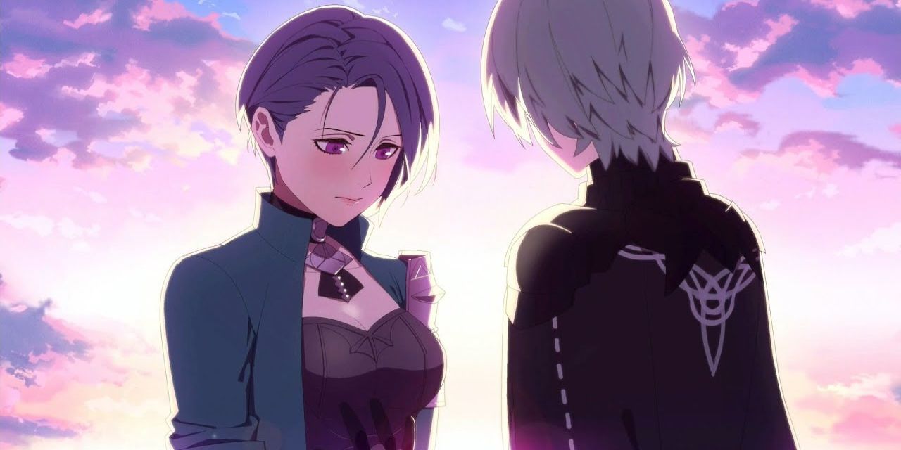 Shamir bows her head in sorrow as someone talks to her in Fire Emblem: Three Houses.