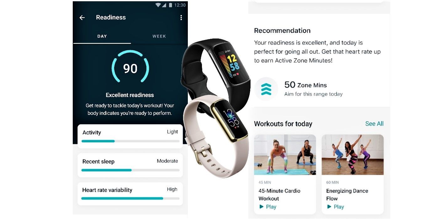 Fitbit Premium Daily Readiness Score menu with Fitbit Charge 5 and Luxe
