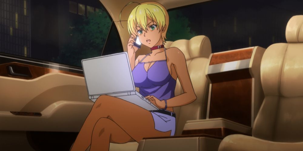 Ikumi talks on the phone in a limo on Food Wars