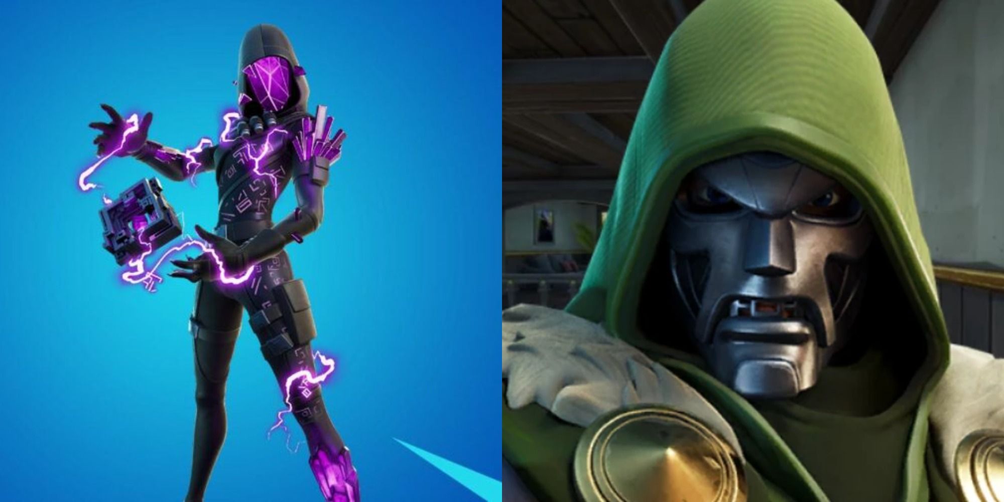 Split image showing a Cube Assassin and Doctor Doom in Fortnite