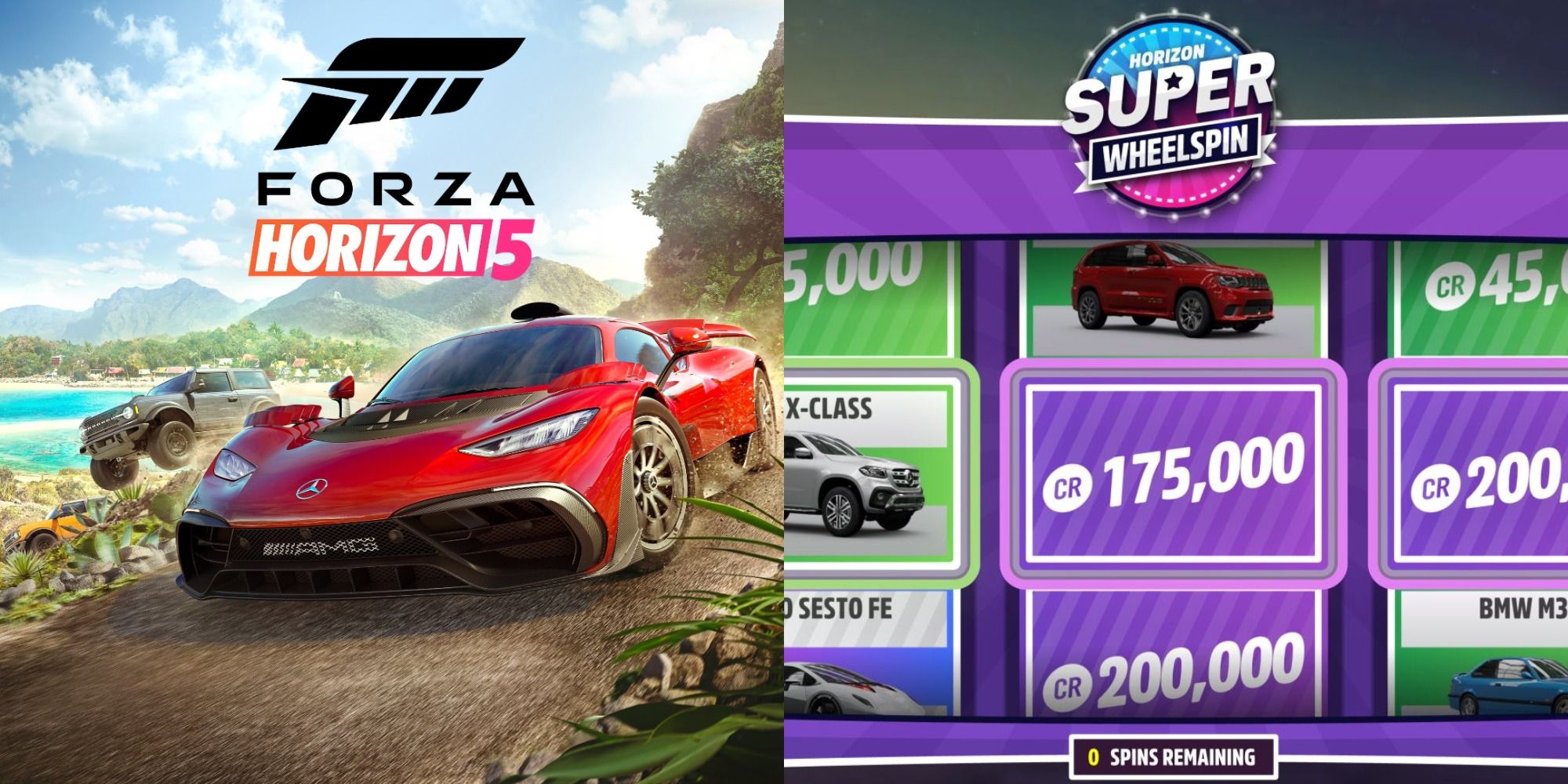 Split image showing the cover of Forza Horizon 5 and a super wheelspin in the game