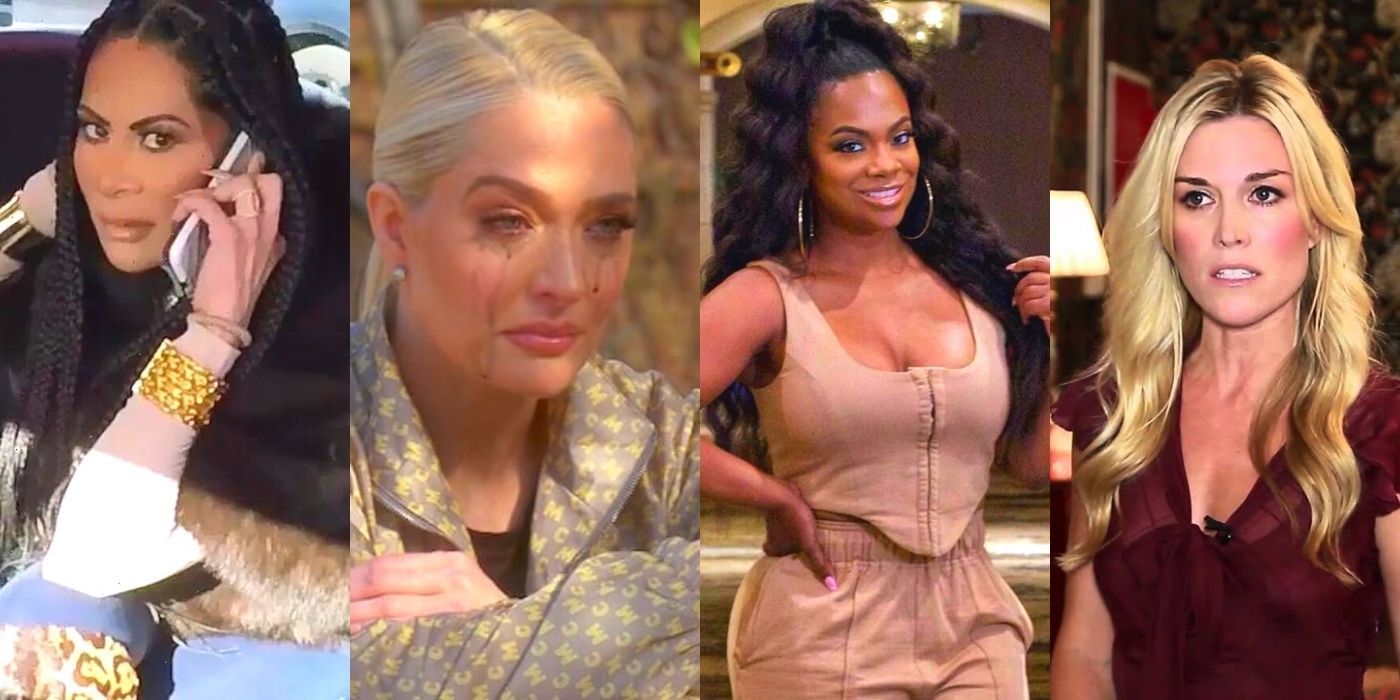 Four side by side images of Housewives from different series in tense scenes