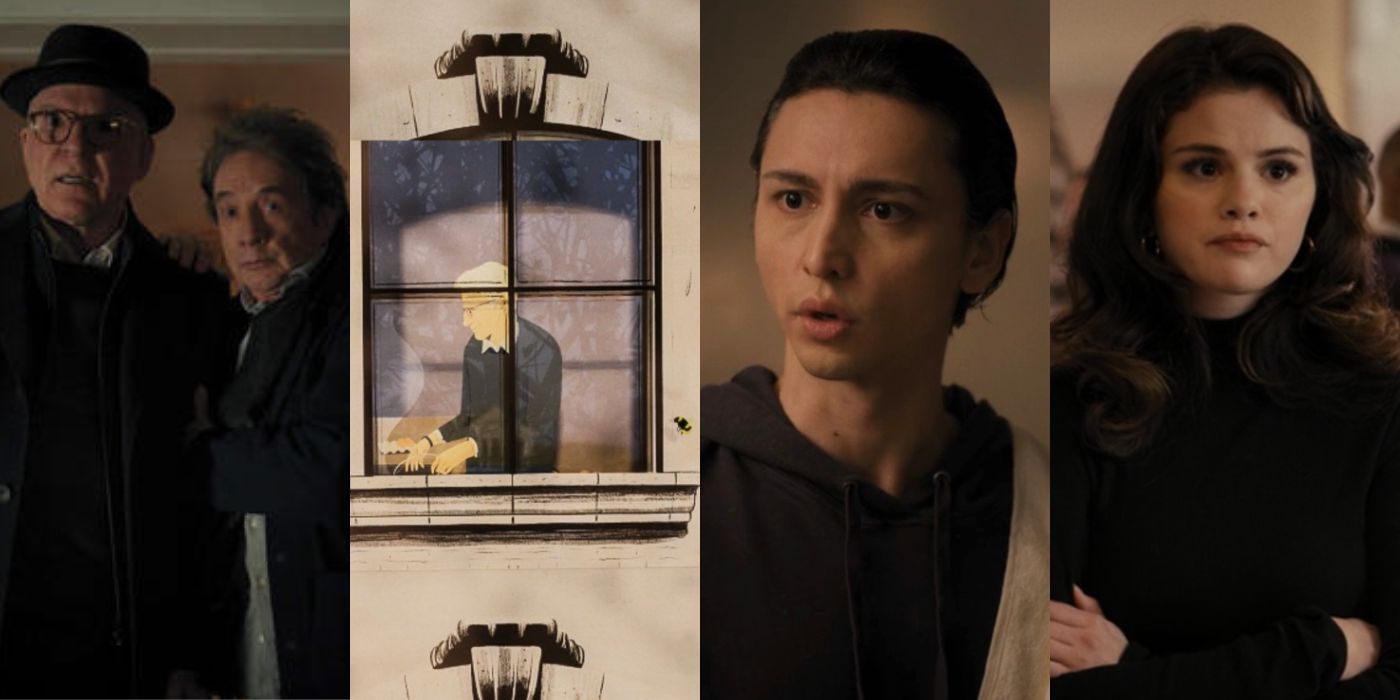 Four side by side images of characters from Only Murders in the Building in different scenes