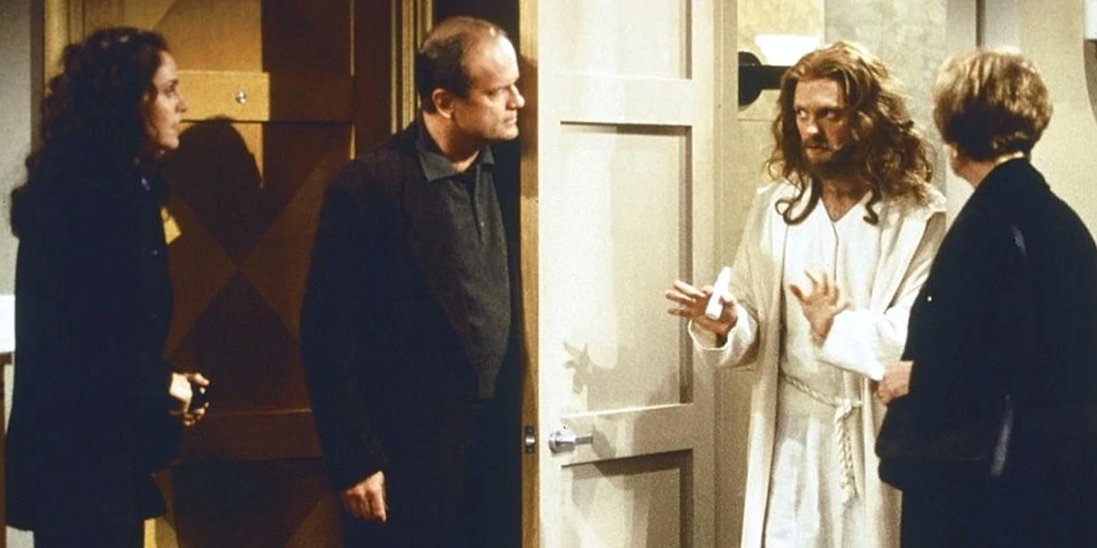 Frasier Crane, Niles Crane (disfrazado de Jesús) y los Moskowitz en el episodio Feliz Navidad Sra. Moskowitz de Frasier