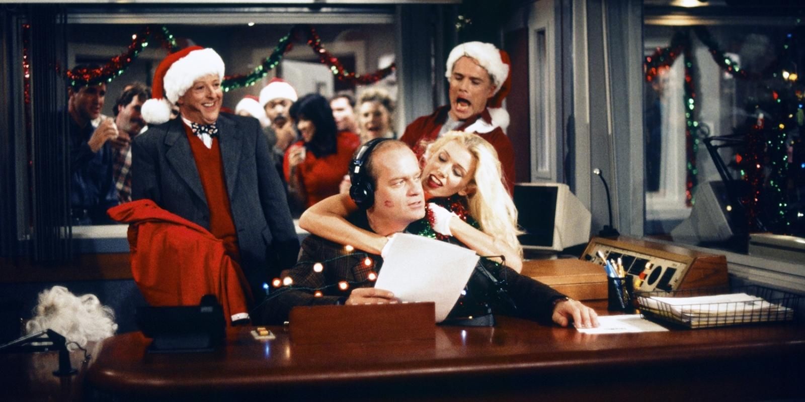 Frasier Crane is visited by Gil Chesterton, Bulldog Briscoe, and Candy in Frasier Grinch episode of Frasier