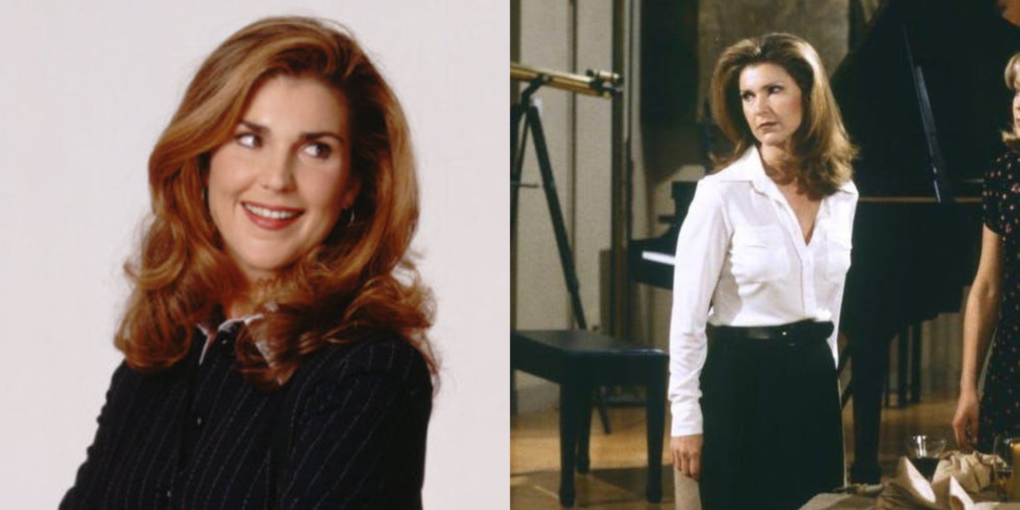 Split image showing Roz from Frasier in a promo image for the show and in Frasier's apartment