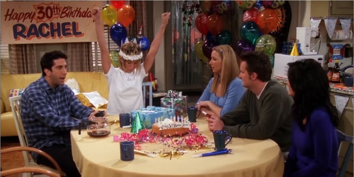 The friends celebrating Rachel's 30th birthday in Friends