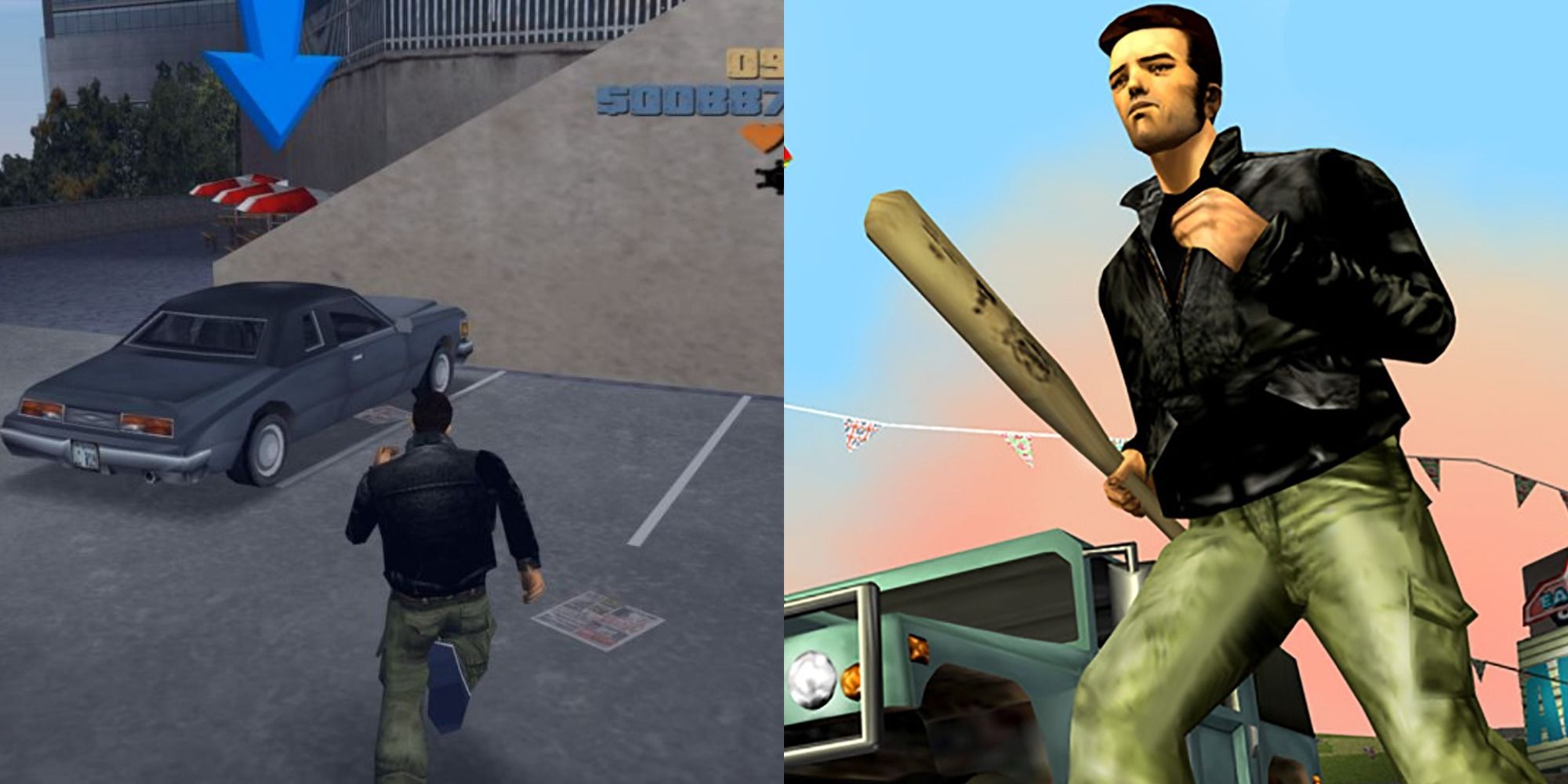 Split image of Claude running to a car and holding a bat in GTA 3