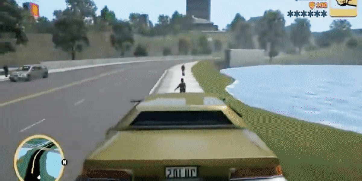 A giant green car drives down a sunny road in Grand Theft Auto.