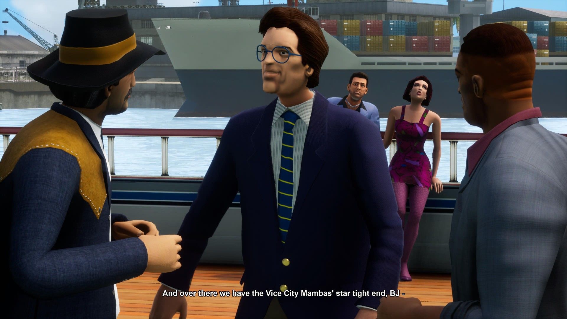 GTA Vice City's Donald Love having a conversation with Tommy and Mercedes observing in the back.