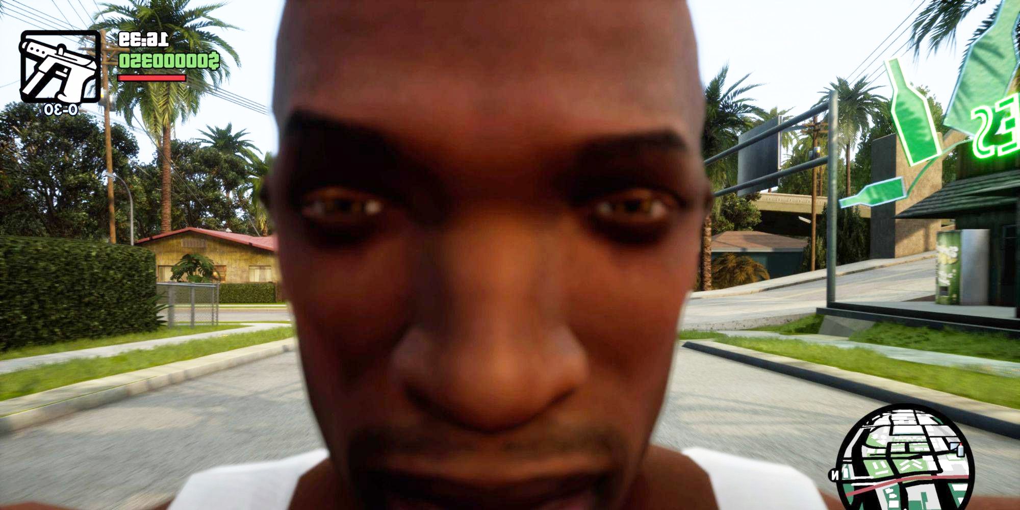CJ looks into the camera in an extreme close up in the Grand Theft Auto Trilogy.