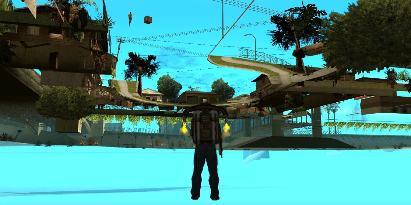 A player hovers beneath a city in Grand Theft Auto.
