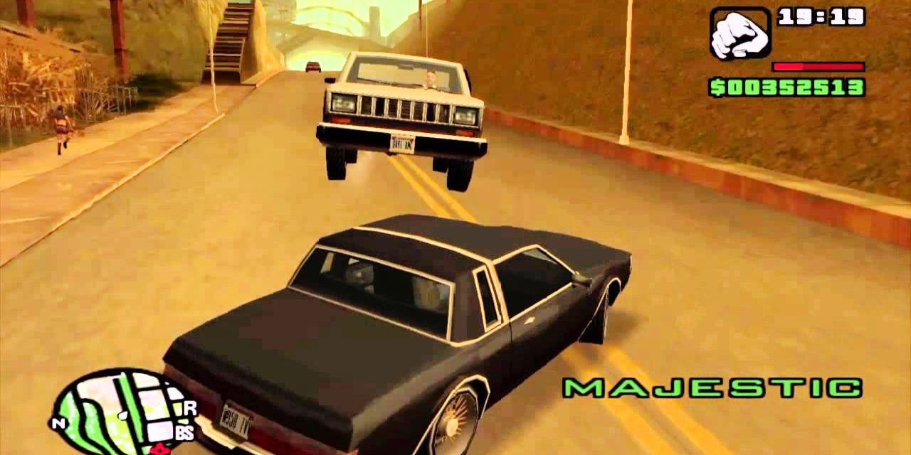 A car floats above another car on a highway in Grand Theft Auto.