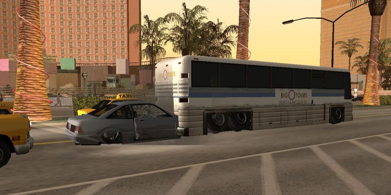 A car crashes into a bus in Grand Theft Auto.