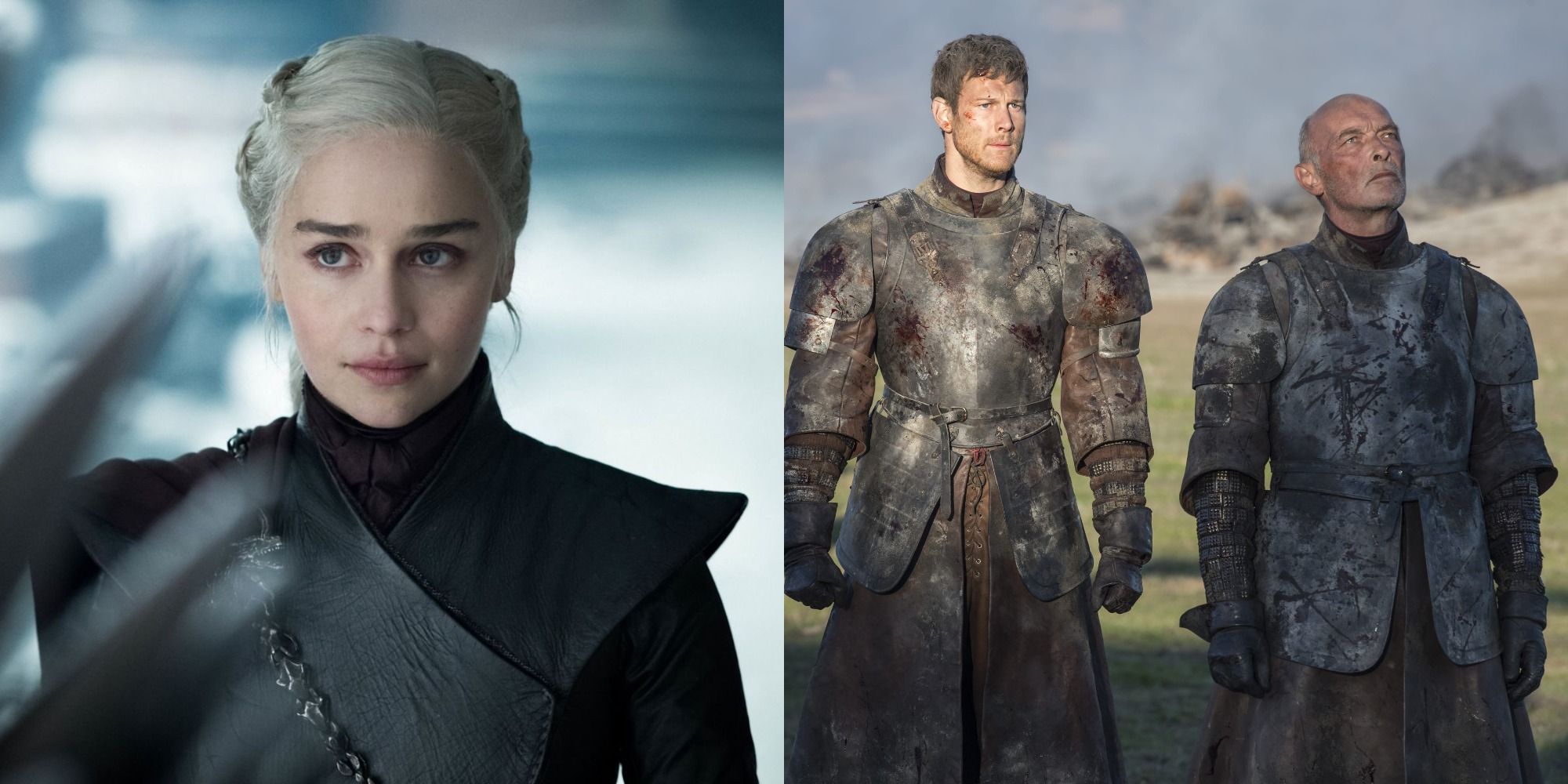 Split image showing Daenerys looking serious and Dickon and Randyll Tarly before their death in Game of Thrones