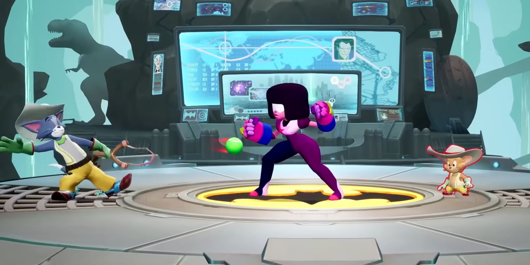 Garnet fighting Tom And Jerry in the Batcave in MultiVersus