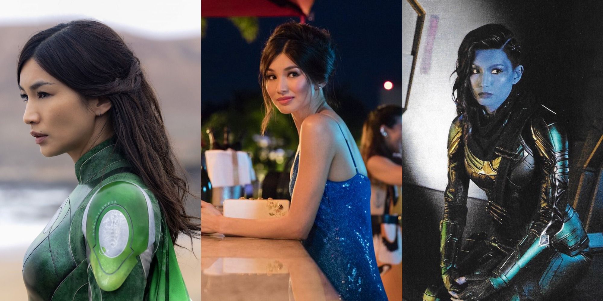 Split image of Gemma Chan in Eternals, Crazy Rich Asians and Captain Marvel