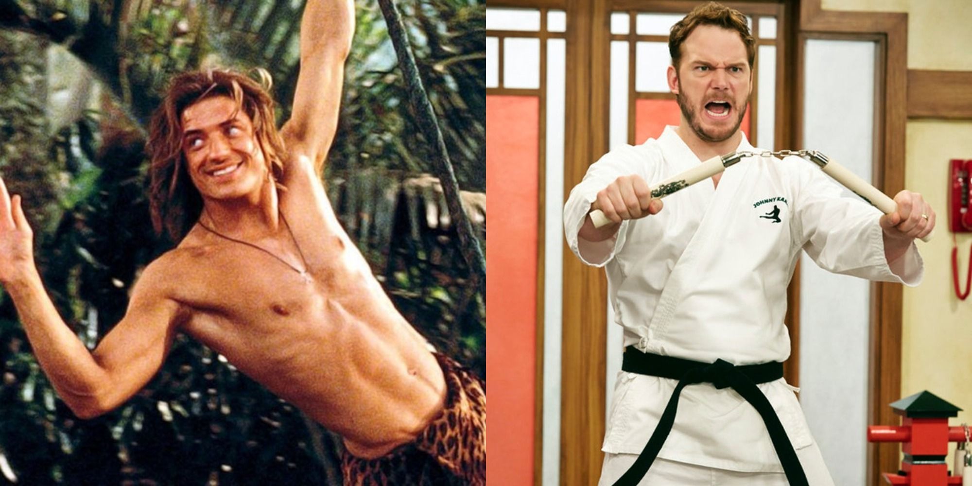 Split image of George of the Jungle swinging and Andy Dwyer doing karate