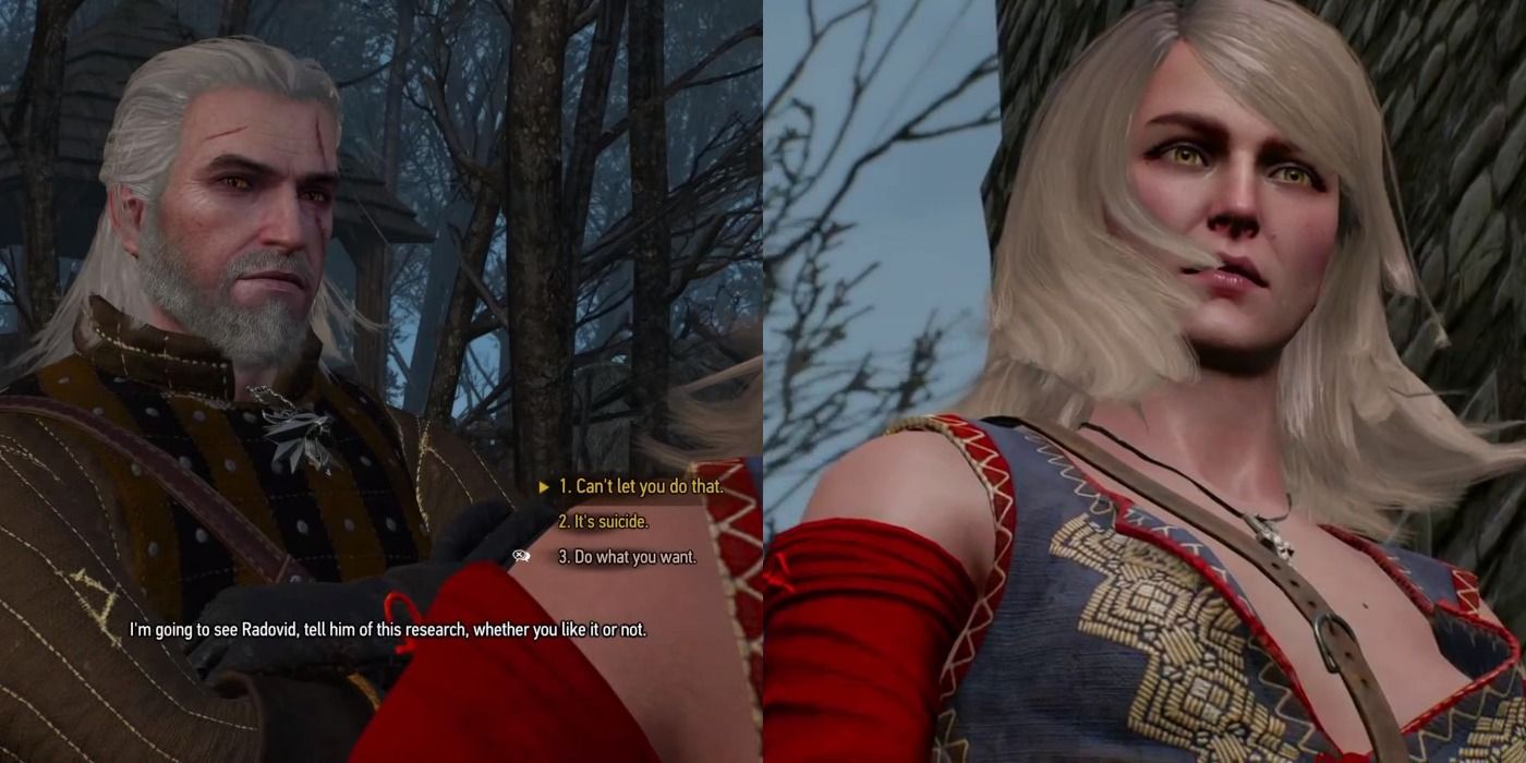Split image of Geralt trying to convince Keira not to go through with her plan in The Witcher 3