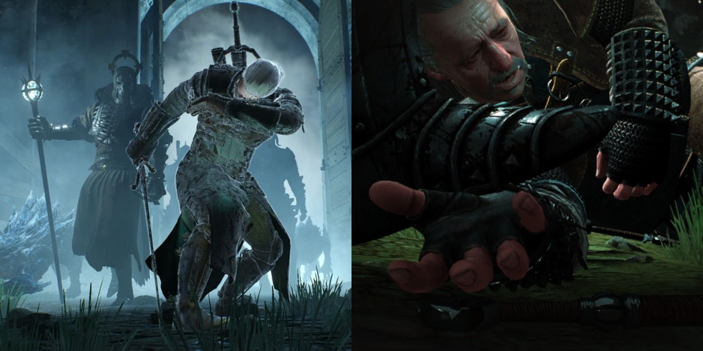 Split image of Geralt bracing the Wild Hunt's arrival and Vesemir's death