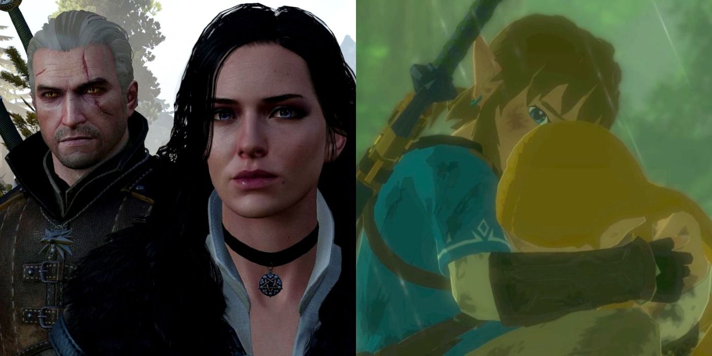 A split image showing Geralt and Yennefer in The Witcher 3: Wild Hunt and Link and Zelda in The Legend of Zelda: Breath of the Wild.