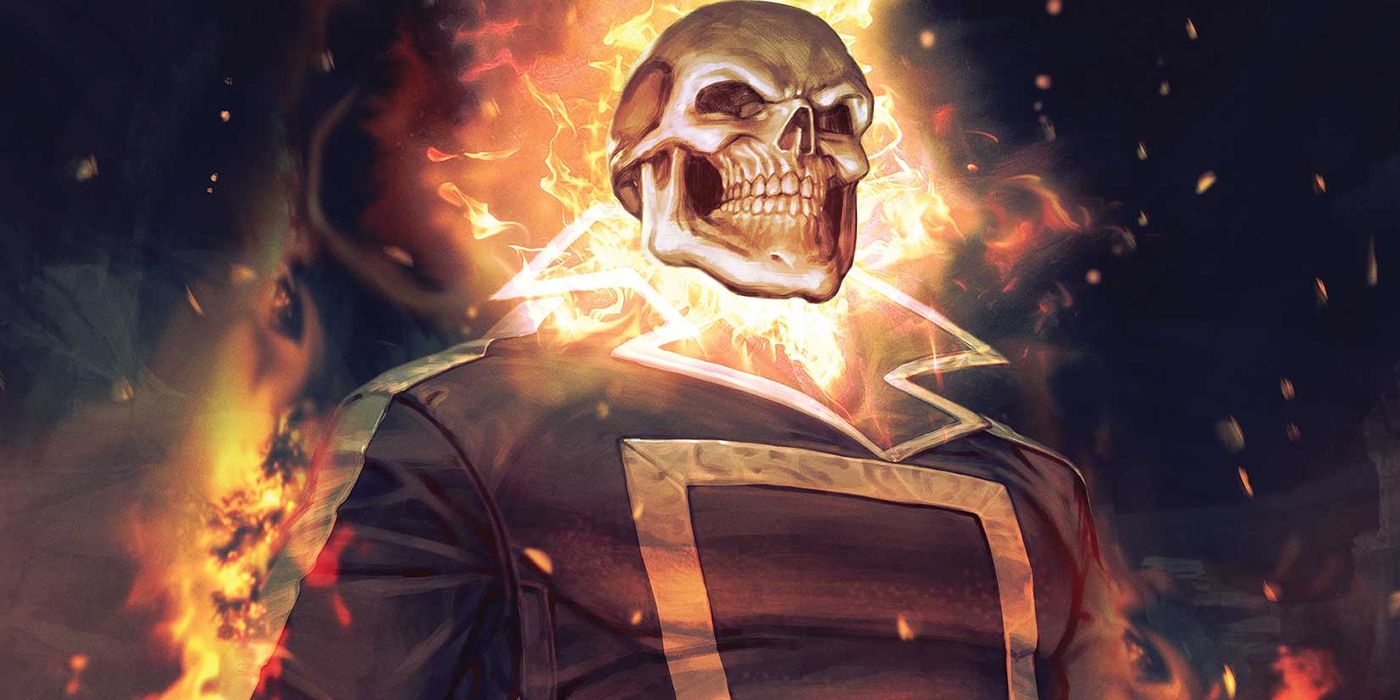 Ghost Rider looks on with a flaming skull