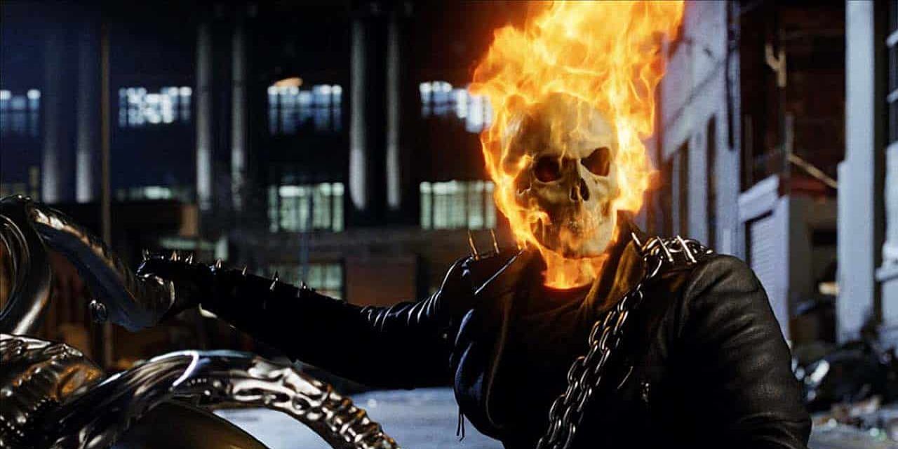 Ghost Rider looks in the distance on his motorcycle in Ghost Rider.