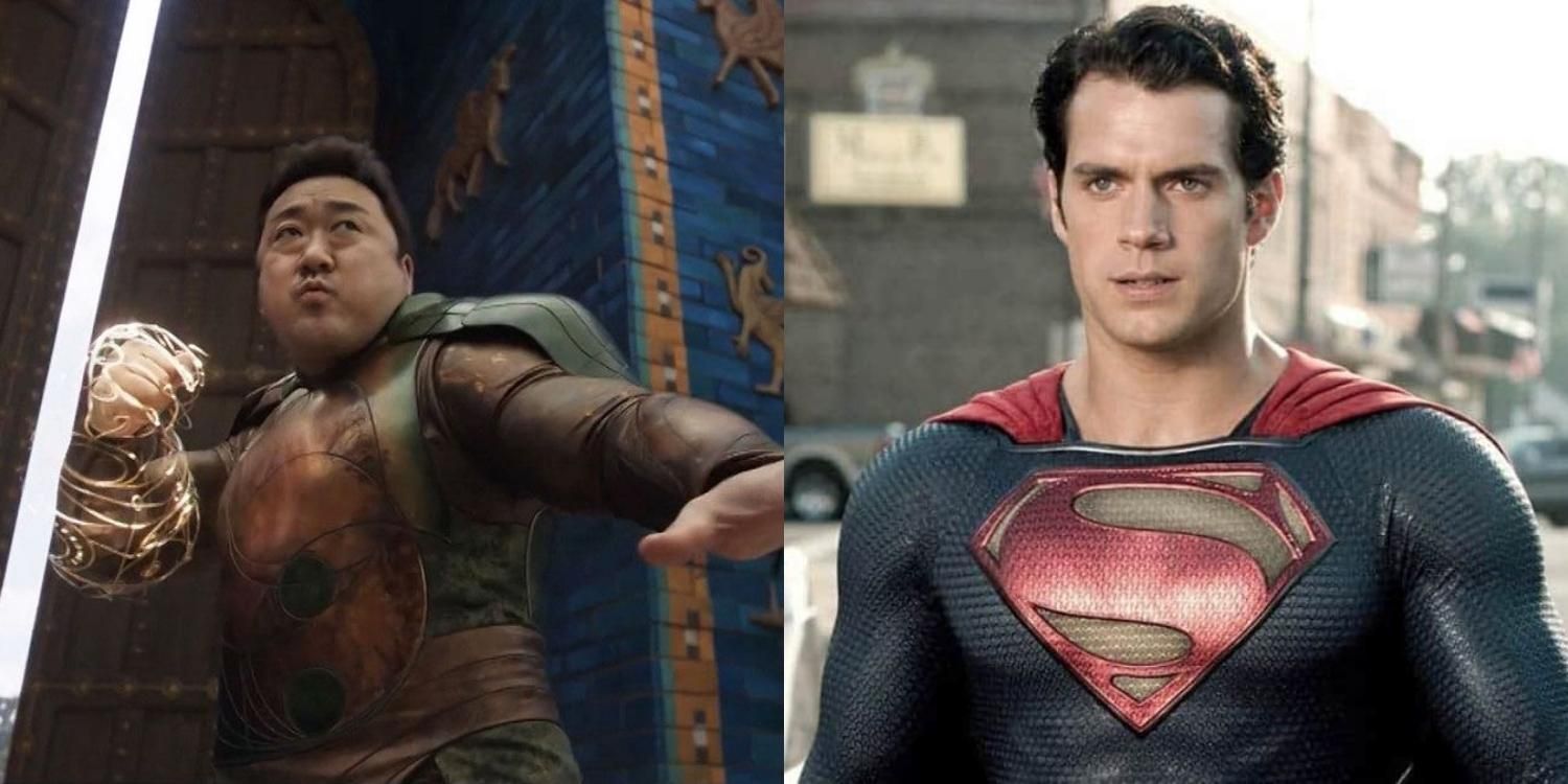 Gilgamesh with his glove throwing a punch and Superman in his suit in a street