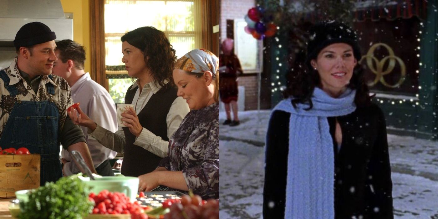Split image of Jackson, Sookie, and Lorelai at the inn and Lorelai in snow on Gilmore Girls