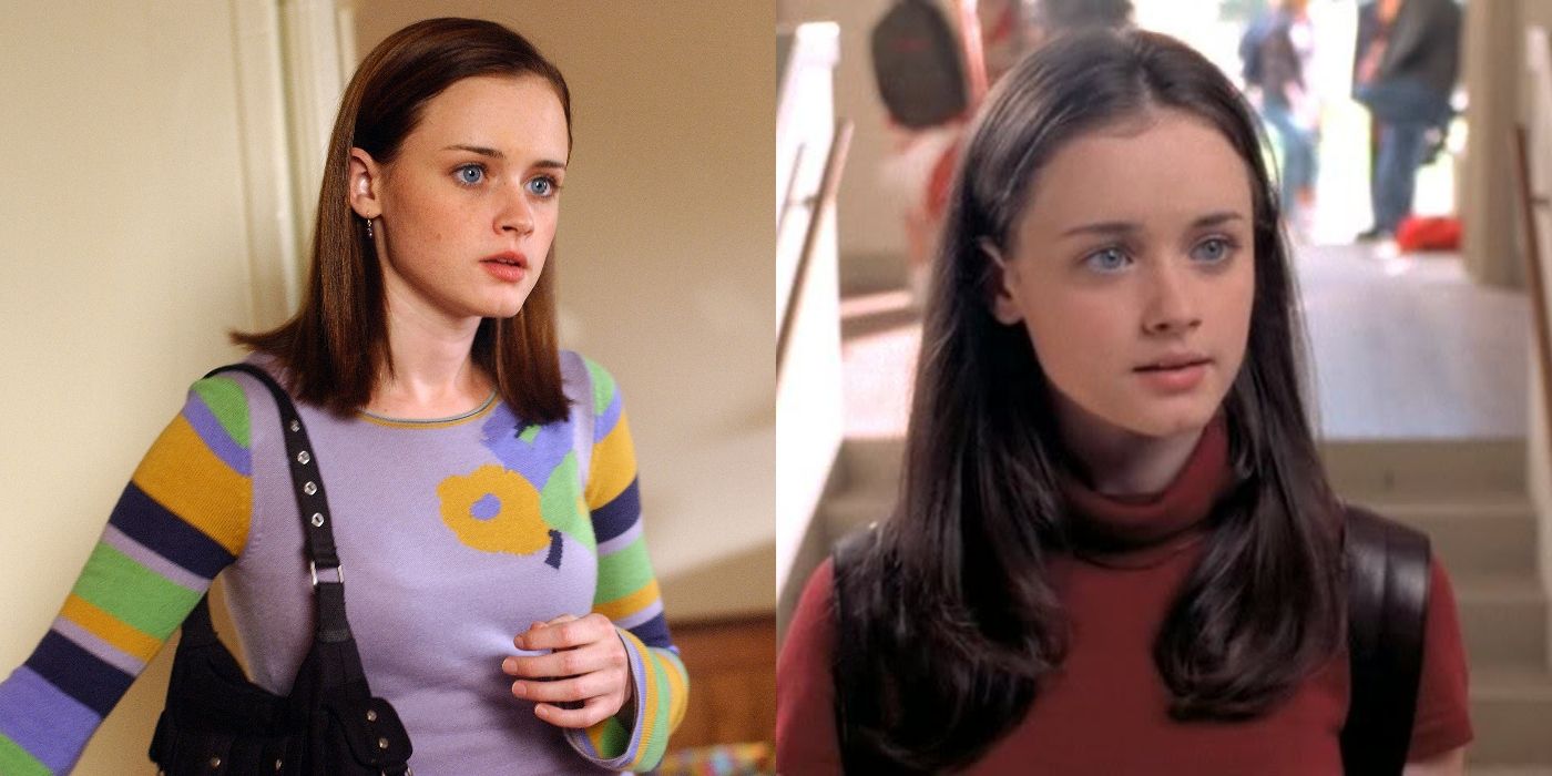 Split image of Rory at Yale and at Stars Hollow High on Gilmore Girls
