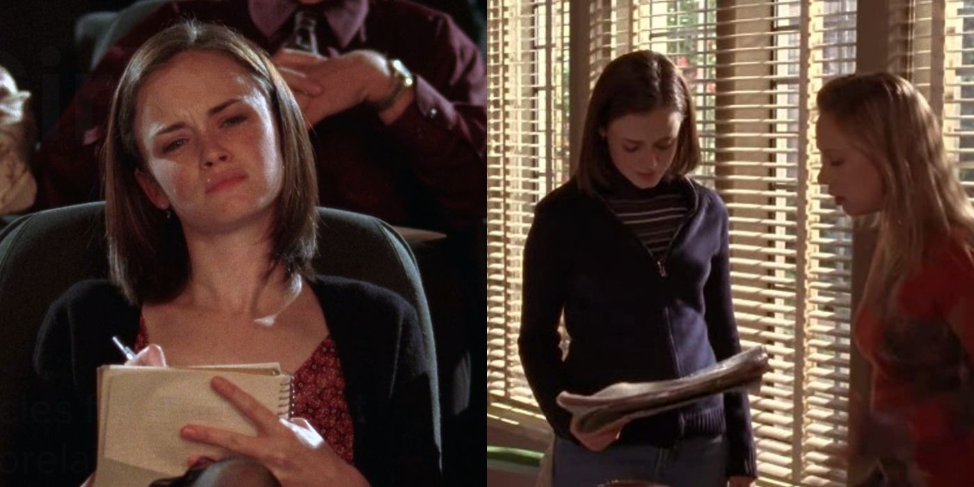 Split image of Rory watching a play looking confused and Rory with Paris in Gilmore Girls
