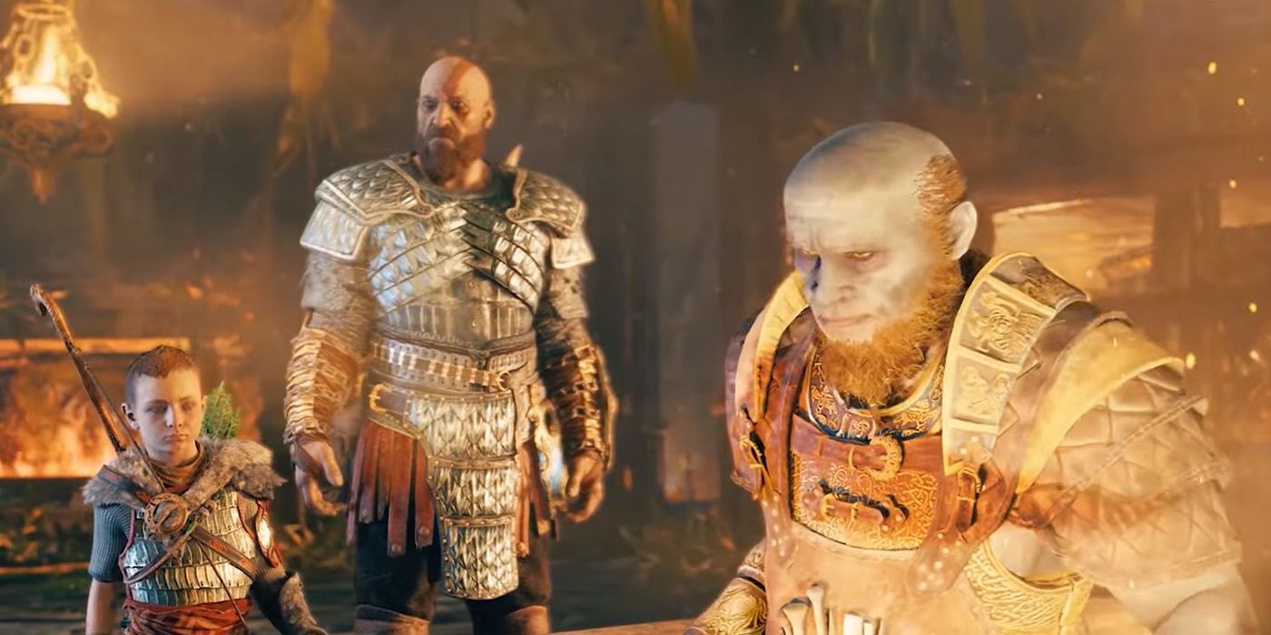 Kratos and Atrius look at Brok in a forge.