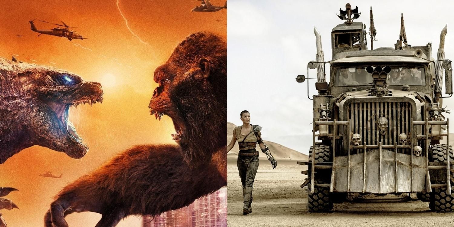 Godzilla and Kong fighting next to an image of Furiosa and a war rig