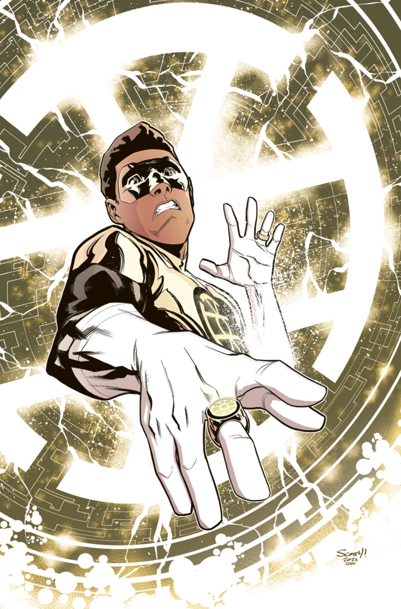 Gold Lantern staring at his ring, panicking