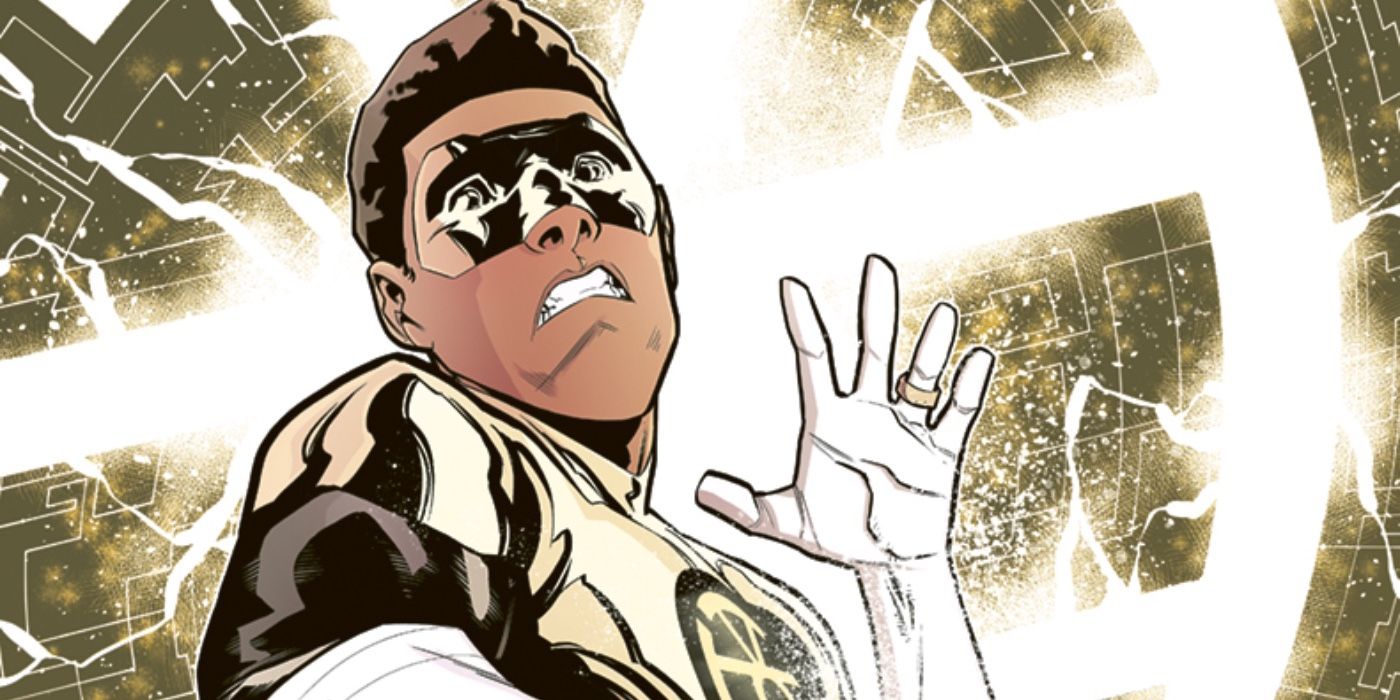 Gold Lantern looking at his ring and freaking out