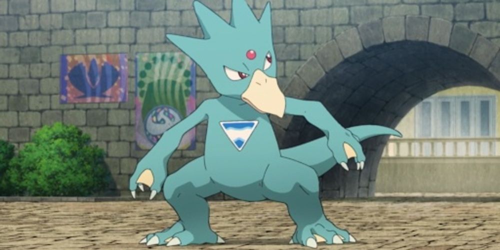 Golduck looks at the tunnel behind him in Pokemon 