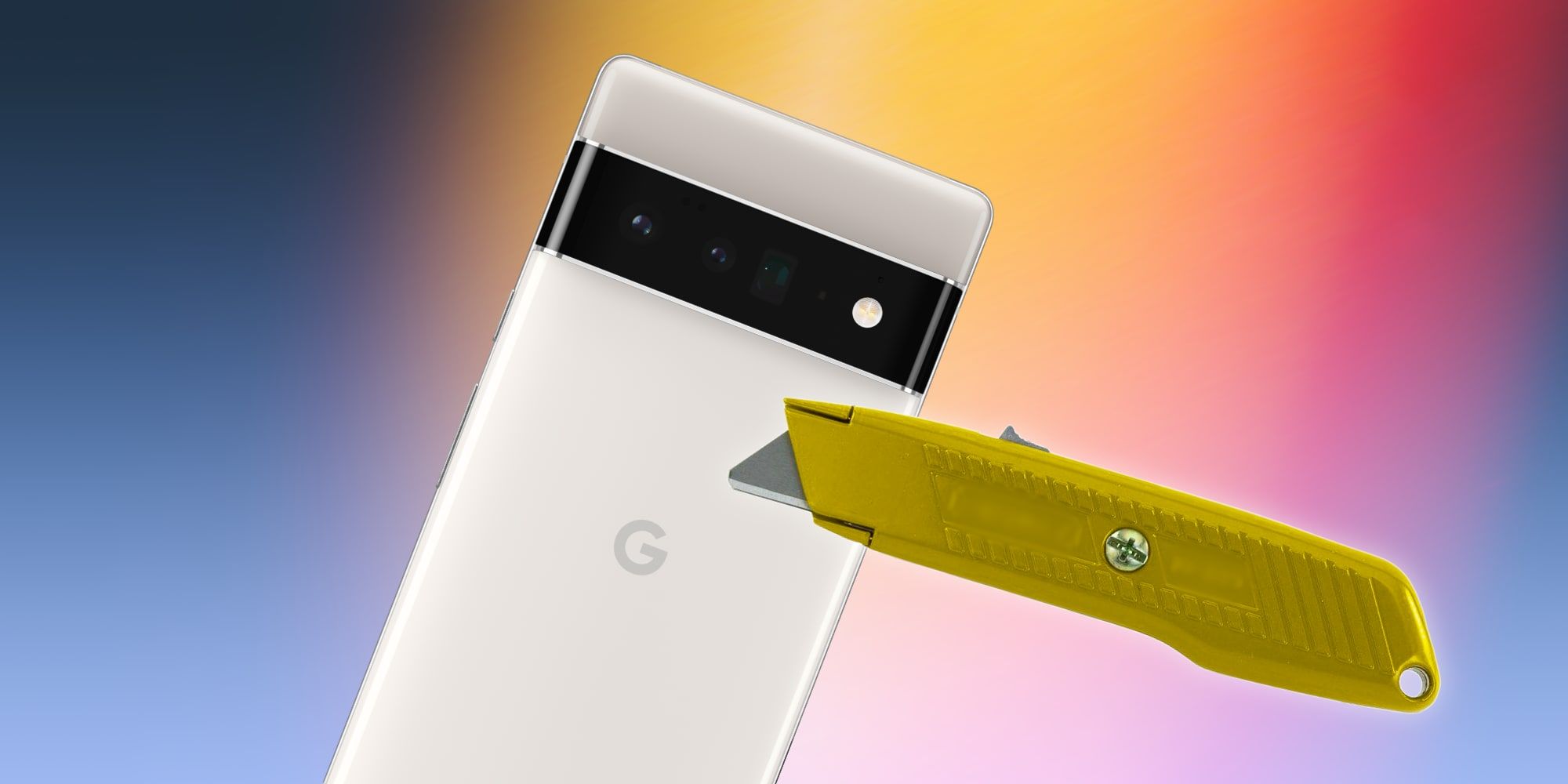 Google Pixel 6 Pro With Box Cutter Utility Knife Overlaid