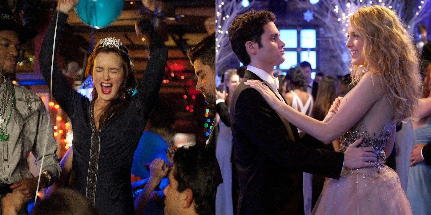 Split image of Blair dancing and Dan and Serena at a party on Gossip Girl