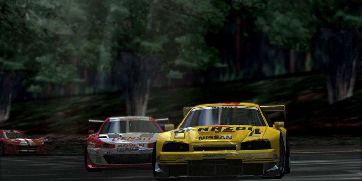 Two cars race through a forest in Gran Turismo 3