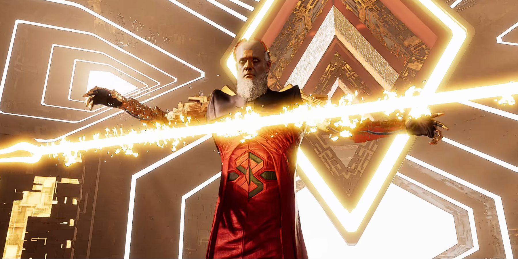 Grand Unifier Raker forming a spear out of energy in Marvel's Guardians Of The Galaxy.