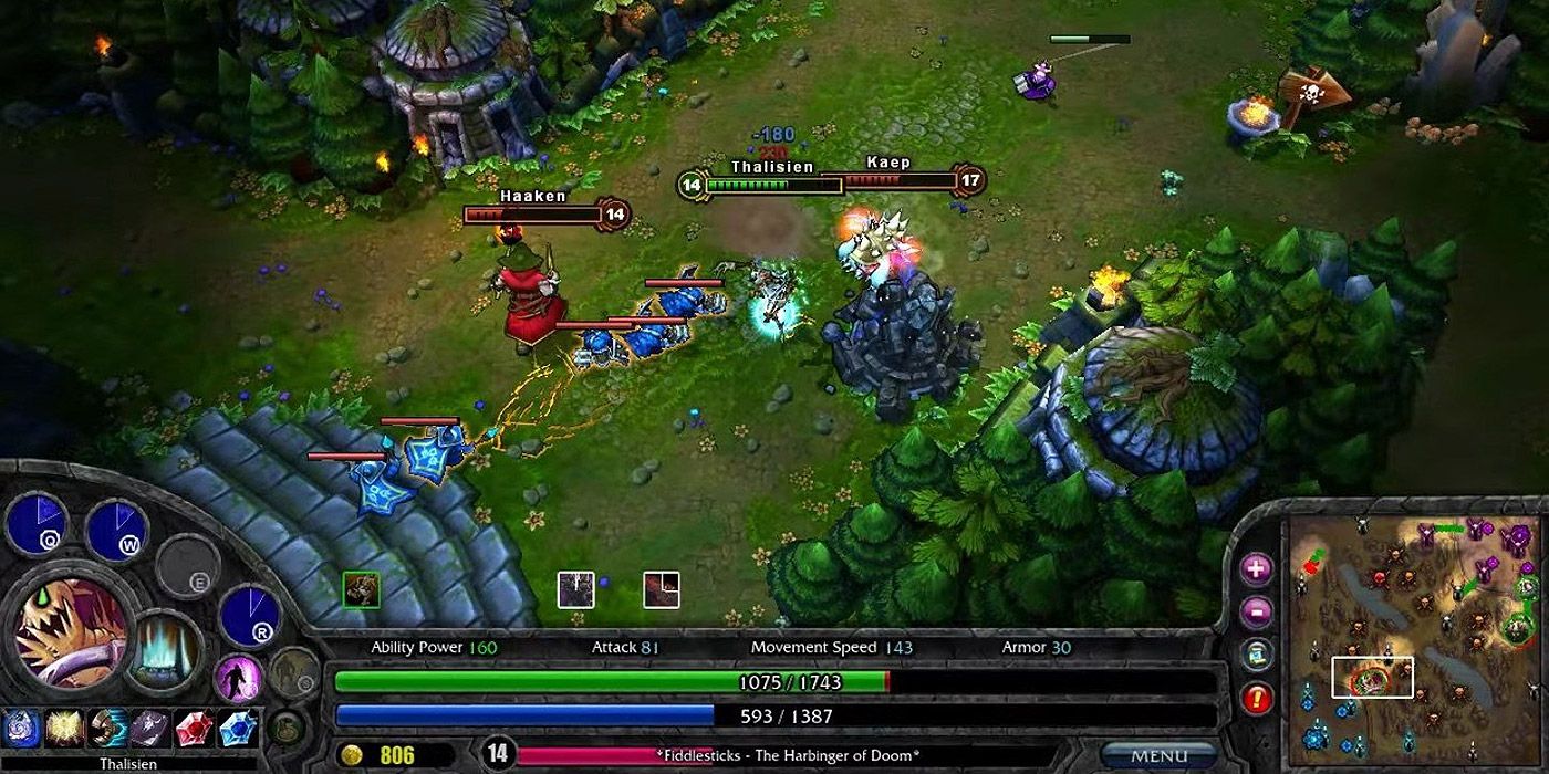 A screenshot of League of Legends gameplay, with the HUD across the bottom while players battle above.